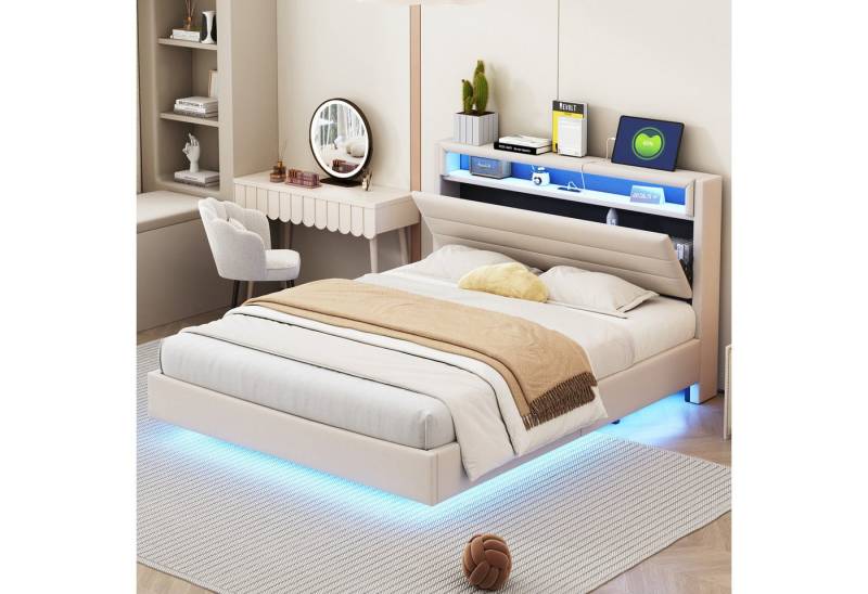 STILVORA Polsterbett Doppelbett 140x200cm Jugendbett Bettgestell mit USB-Steckdose & LED (verdecktes Fußteil, 140x200 cm), Ohne Matratze von STILVORA