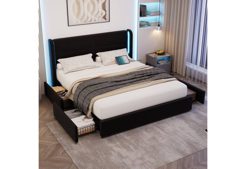 STILVORA Polsterbett Doppelbett 160×200 Jugendbett Stauraumbett mit LED-Beleuchtung &USB (mit LED-Beleuchtung im Kopfteil, 4 praktischen Aufbewahrungsschubladen und USB-Dual-Anschlüssen – Elegantes Design mit stabilen Bettflügeln, für Schlafzimmer, ideal für junge Erwachsene und Familien 140x200cm), mit Matratze STILVORA Polsterbett Doppelbett 160×200 Jugendbett Stauraumbett mit LED-Beleuchtung &USB (mit LED-Beleuchtung im Kopfteil, 4 praktischen Aufbewahrungsschubladen und USB-Dual-Anschlüssen – Elegantes Design mit stabilen Bettflügeln, für Schlafzimmer, ideal für junge Erwachsene und Familien 140x200cm), mit Matratze von STILVORA