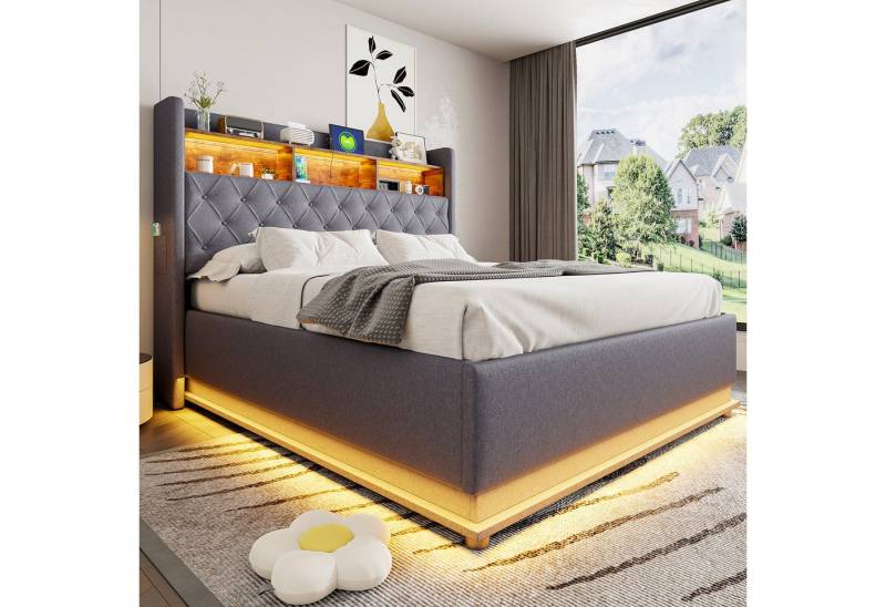 STILVORA Polsterbett Doppelbett 160x200 Jugendbett mit hydraulischem Stauraum und USB (Luxuriöses LED-Polsterbett,mit USB-Ladeanschluss und hydraulischem Stauraum., 160 x 200 cm), ohne Matratze von STILVORA