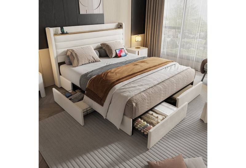 STILVORA Polsterbett Doppelbett 160x200 mit Stauraum Gepolstert Kopfteil Jugendbett mit USB (mit Samtbezug, Kopfteil mit USB & Ablage, 4 Schubladen, stabiles Design für Schlafzimmer & Gästezimmer, 160x200cm), Ohne Matratze von STILVORA