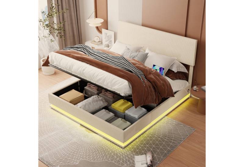 STILVORA Polsterbett Doppelbett 160x200cm Jugendbett mit Struraum, LED und USB-Steckdose (Staubettfunktion Bettrückbettrahmen, Samtbettrahmen, 1-tlg., 160x200cm, mit Matratze), mit flachem Nudelrahmen, LED-Bettrahmen mit USB-Ladefunktion von STILVORA