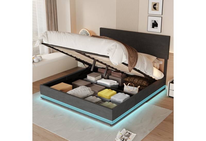 STILVORA Polsterbett Doppelbett 160x200cm Jugendbett mit Struraum, LED und USB-Steckdose (Staubettfunktion Bettrückbettrahmen, Samtbettrahmen, 1-tlg., 160x200cm, mit Matratze), mit flachem Nudelrahmen, LED-Bettrahmen mit USB-Ladefunktion von STILVORA