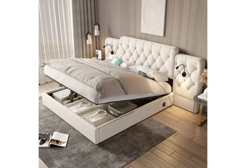 STILVORA Polsterbett Europäischer Stauraumbett 180x200 mit Leselampen,Doppelbett mit USB (mit USB-Anschlüssen, hydraulischem Hebesystem und Leselichtern – 180x200 cm, Beige, für Schlafzimmer & Jugendzimmer, ideal für modernes Wohnen, 180x200cm), Ohne Matratze von STILVORA