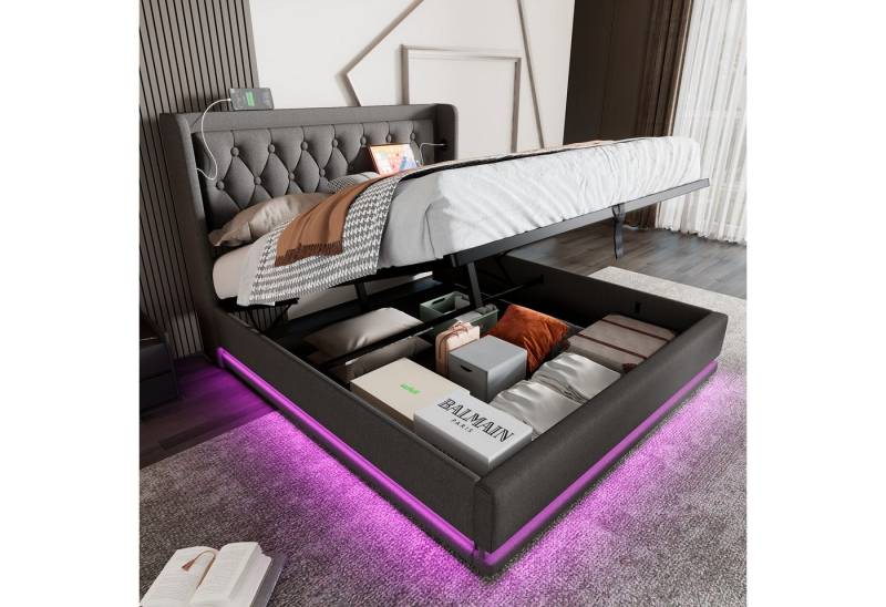 STILVORA Polsterbett Hydraulische Stauraumbett 140×200 Bettgestell Jugendbett mit USB-C,LED (mit Bettkasten, 1-tlg., ohne Matratze, 140*200cm), mit USB Typ-C Ladefunktion, 3-seitige LED-Funktion von STILVORA