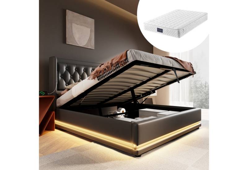 STILVORA Polsterbett Hydraulische Stauraumbett 140×200 Bettgestell Jugendbett mit USB-C,LED (mit Bettkasten, 2-tlg., mit Matratze, 140*200cm), mit USB Typ-C Ladefunktion, 3-seitige LED-Funktion von STILVORA