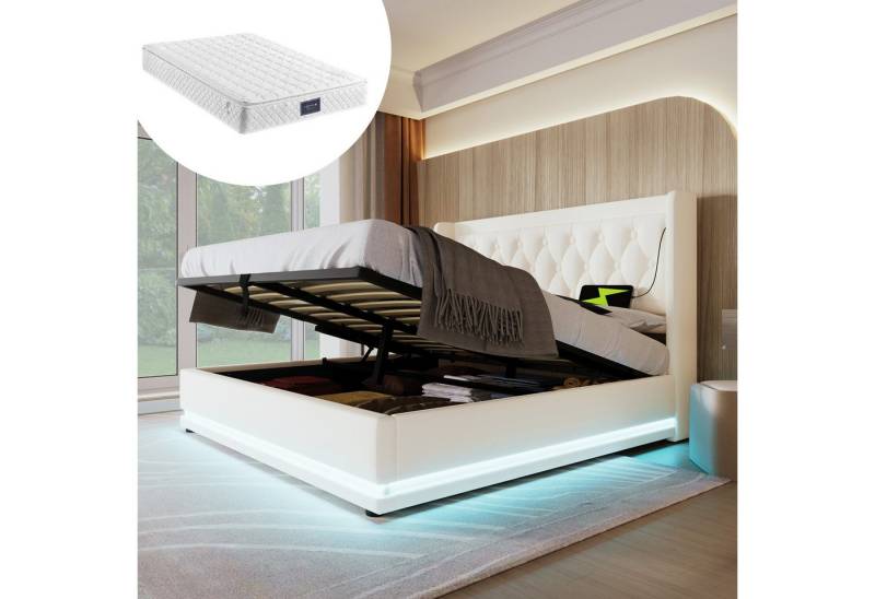 STILVORA Polsterbett Hydraulische Stauraumbett 160×200 Bettgestell Jugendbett mit USB-C,LED (mit Bettkasten, 2-tlg., mit Matratze, 160*200cm), mit USB Typ-C Ladefunktion, 3-seitige LED-Funktion von STILVORA
