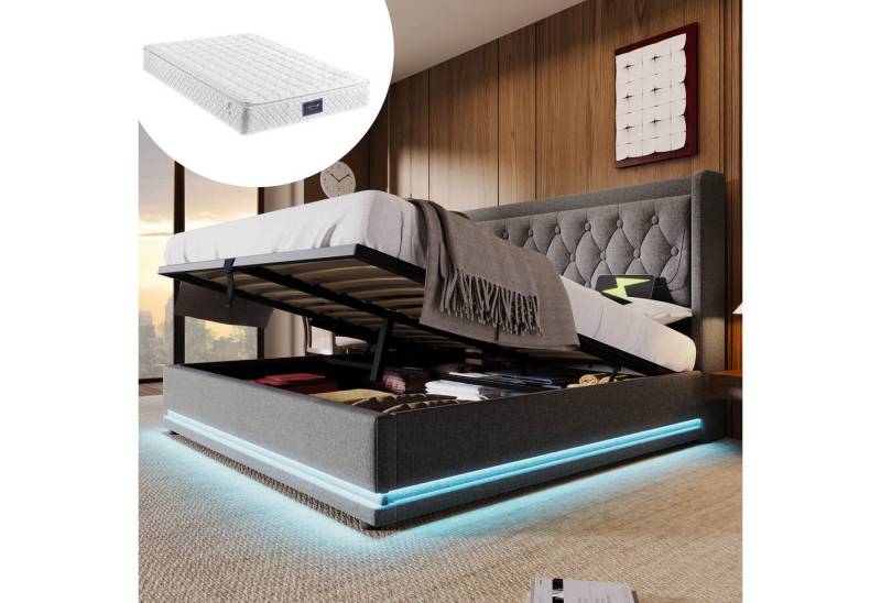 STILVORA Polsterbett Hydraulische Stauraumbett 160×200 Bettgestell Jugendbett mit USB-C,LED (mit Bettkasten, 2-tlg., mit Matratze, 160*200cm), mit USB Typ-C Ladefunktion, 3-seitige LED-Funktion von STILVORA