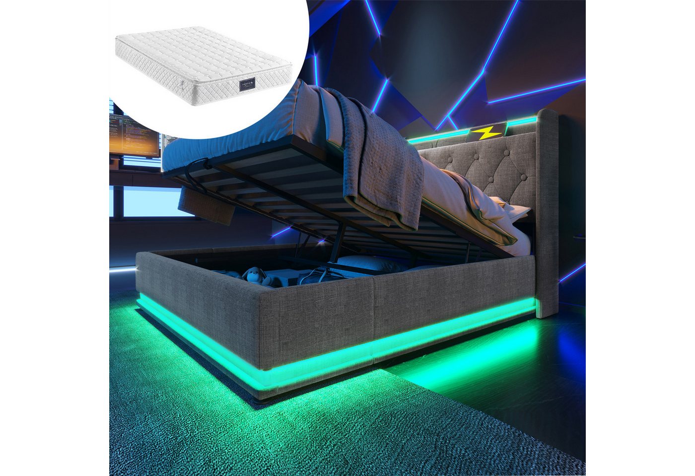 STILVORA Polsterbett Hydraulisches Funktionsbett 140×200 Bettgestell mit LED&USB Typ-C (Hydraulisches Bett, Stauraumbett, Funktionsbett, 2-tlg., mit USB Typ-C Ladefunktion, 140*200cm, mit Matratze), aus Eisen STILVORA Polsterbett Hydraulisches Funktionsbett 140×200 Bettgestell mit LED&USB Typ-C (Hydraulisches Bett, Stauraumbett, Funktionsbett, 2-tlg., mit USB Typ-C Ladefunktion, 140*200cm, mit Matratze), aus Eisen von STILVORA