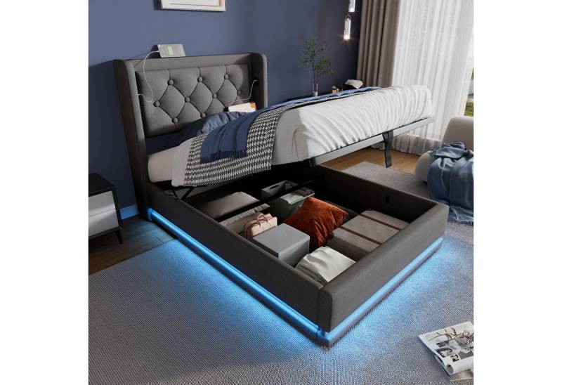 STILVORA Polsterbett Hydraulisches Stauraumbett 90×200 Bettgestell Jugendbett mit USB-C,LED (mit Bettkasten, 1-tlg., ohne Matratze, 90*200cm), mit USB Typ-C Ladefunktion, 3-seitige LED-Funktion von STILVORA