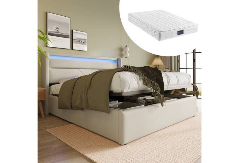 STILVORA Polsterbett Jugendbett 140x200 mit LED,Stauraumbett Doppelbett mit Lattenrost, Funktionsbett, Weiß (Mit Matratze) von STILVORA
