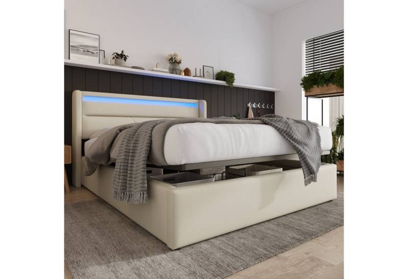 STILVORA Polsterbett Jugendbett 140x200 mit LED,Stauraumbett Doppelbett mit Lattenrost, Weiß (Mit Fernbedienung) ohne Matratze von STILVORA