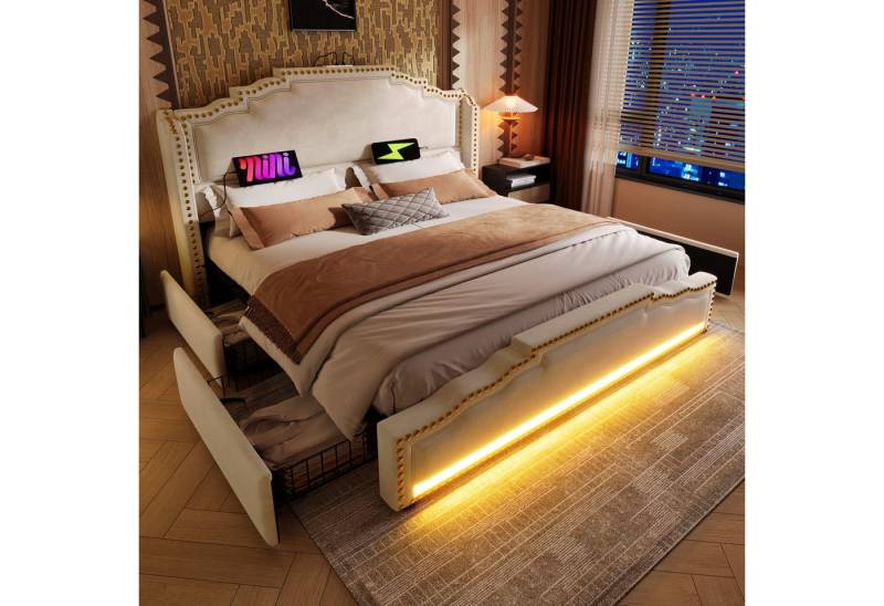 STILVORA Polsterbett Jugendbett 180×200 Doppelbett Bettgestell mit Stauraum,LED und USB-C (Stauraumbett,Jugendbett, Doppelbett, Funktionsbett, 1-tlg., 180×200cm, ohne Matratze), mit LED-Beleuchtung und USB-C-Ladeanschluss, 4 Schubladen von STILVORA