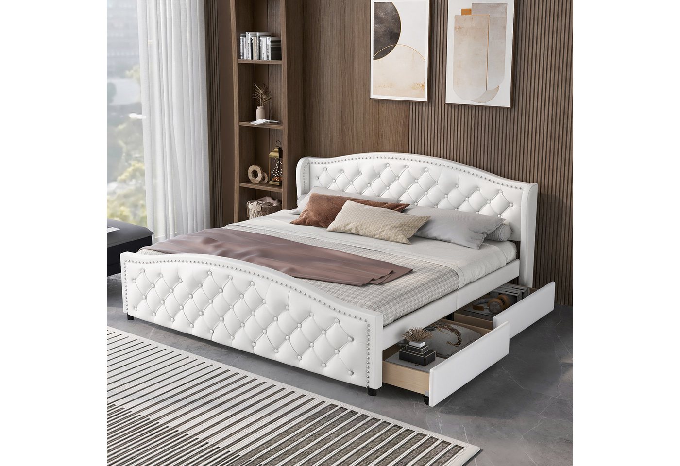STILVORA Polsterbett STILVORA Doppelbett 180x200 mit Stauraum Jugendbett mit Lattenrost (mit Lattenrost und Kopfteil,Doppelbett, Stauraumbett mit 2 Schubkästen, mit Matratze), mit hohes Kopfteil & Bettkasten, Holzlattenunterstützung, PU, weiß von STILVORA