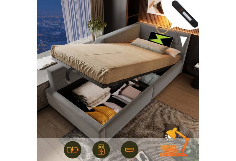 STILVORA Polsterbett Schlafsofa 90x200 Daybett mit Stauraum Jugendbett mit USB-C Anschluss (mit hydraulischem Stauraum, Leselichtfunktion und USB-C-Ladefunktion, Kinderbett Jugendbet), 90x200cm, mit Matratze von STILVORA