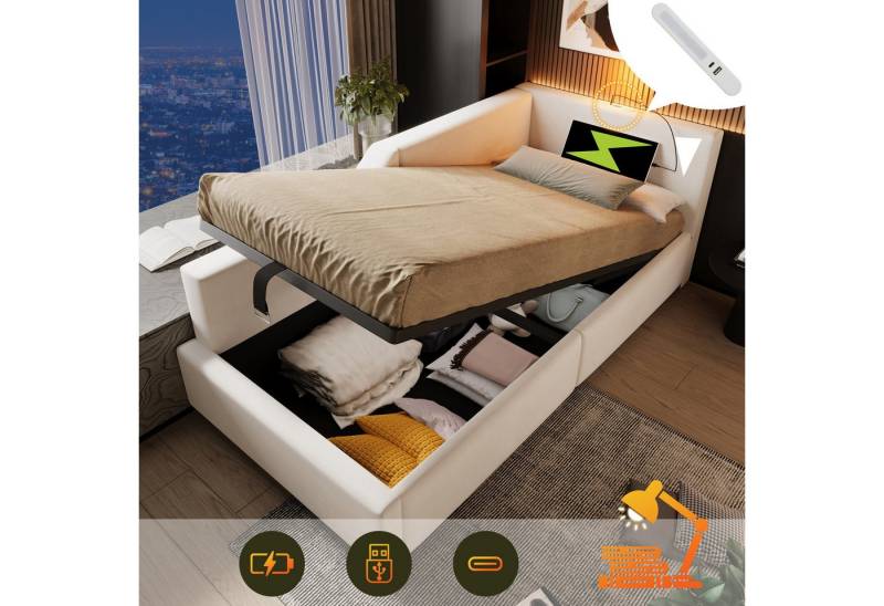 STILVORA Polsterbett Schlafsofa 90x200 Daybett mit Stauraum Jugendbett mit USB-C Anschluss (mit hydraulischem Stauraum, Leselichtfunktion und USB-C-Ladefunktion, Kinderbett Jugendbet), 90x200cm, mit Matratze von STILVORA