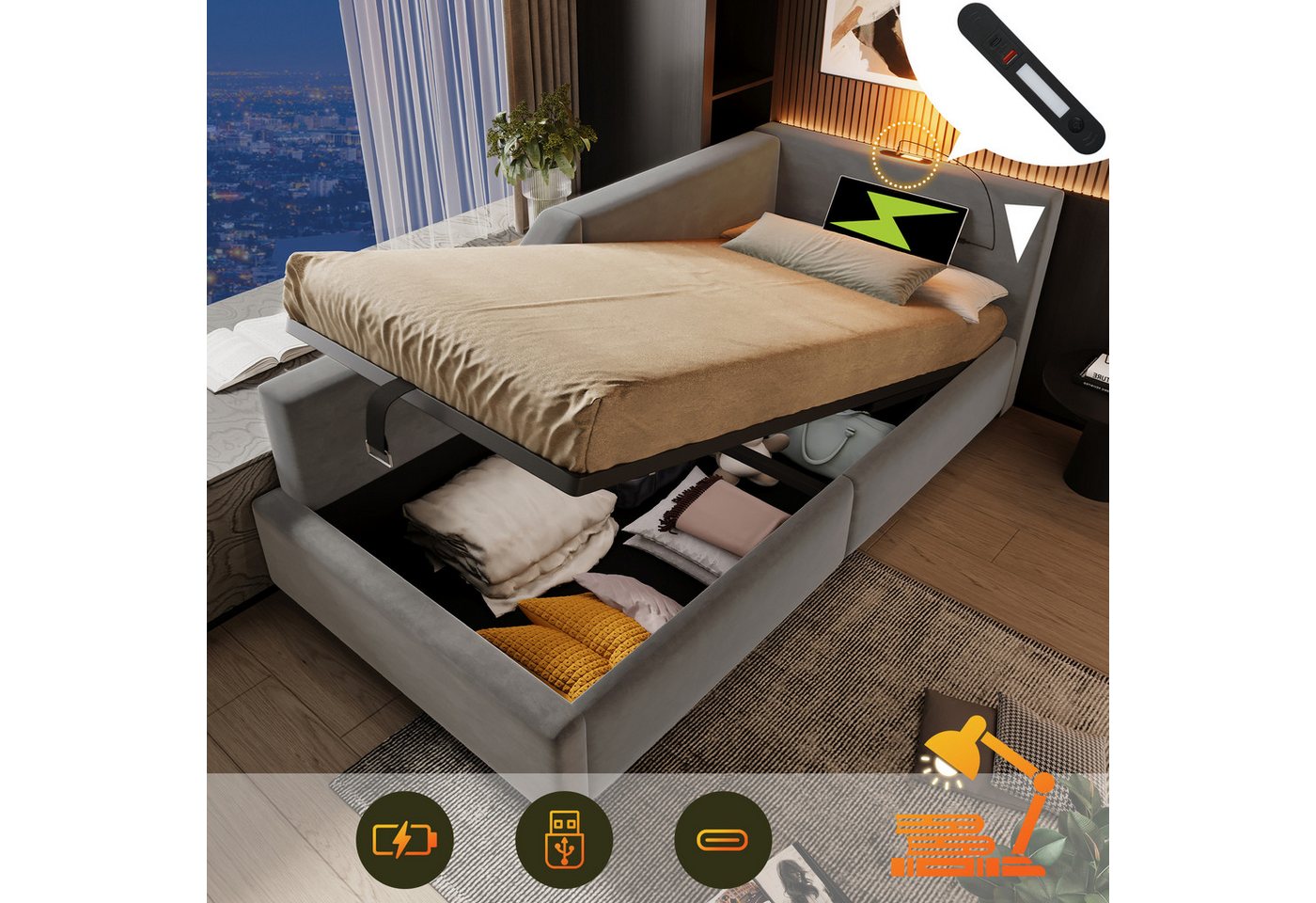 STILVORA Polsterbett Schlafsofa 90x200 Daybett mit Stauraum Jugendbett mit USB-C Anschluss (mit hydraulischem Stauraum, Leselichtfunktion und USB-C-Ladefunktion, Kinderbett Jugendbet), 90x200cm, mit Matratze von STILVORA