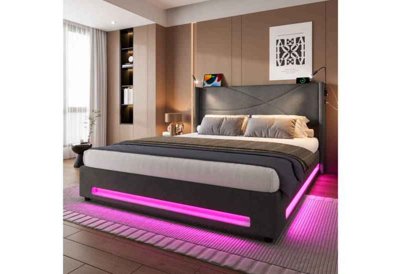 STILVORA Polsterbett Stauraumbett 140x200 Bettgestell mit 2 Leselichtern,Jugendbett mit USB (mit hydraulischem Stauraum, LED-Beleuchtung und USB-Anschlüssen, Mit 2 verstellbaren Leselichtern und stabiler Lattenrostkonstruktion, Perfekt für Schlaf- und Jugendzimmer 140x200cm), Ohne Matratze von STILVORA