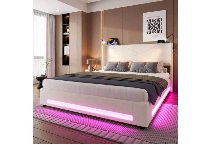 STILVORA Polsterbett Stauraumbett 140x200 Bettgestell mit 2 Leselichtern,Jugendbett mit USB (mit hydraulischem Stauraum, LED-Beleuchtung und USB-Anschlüssen, Mit 2 verstellbaren Leselichtern und stabiler Lattenrostkonstruktion, Perfekt für Schlaf- und Jugendzimmer 140x200cm), Ohne Matratze von STILVORA