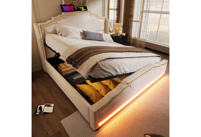 STILVORA Polsterbett Stauraumbett 140x200 Doppelbett mit Bettkasten Jugendbett mit LED,USB (Stauraumbett, Jugendbett, Funktionsbett, 2-tlg., 140×200cm, mit Matratze), mit LED-Beleuchtung und USB-C-Ladeanschluss von STILVORA