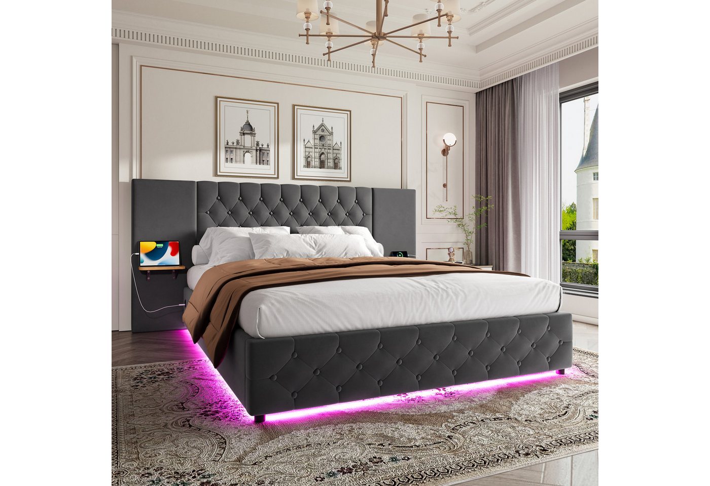 STILVORA Polsterbett Stauraumbett 140×200 Doppelbett mit LED-Licht und USB-Anschluss (mit LED-Beleuchtung, USB-Anschluss, hydraulischem Hebesystem und großzügigem Stauraum – Stylisches Design mit breitem Kopfteil, ideal für Schlafzimmer & komfortablen Schlaf 140x200 cm), Mit Matratze von STILVORA