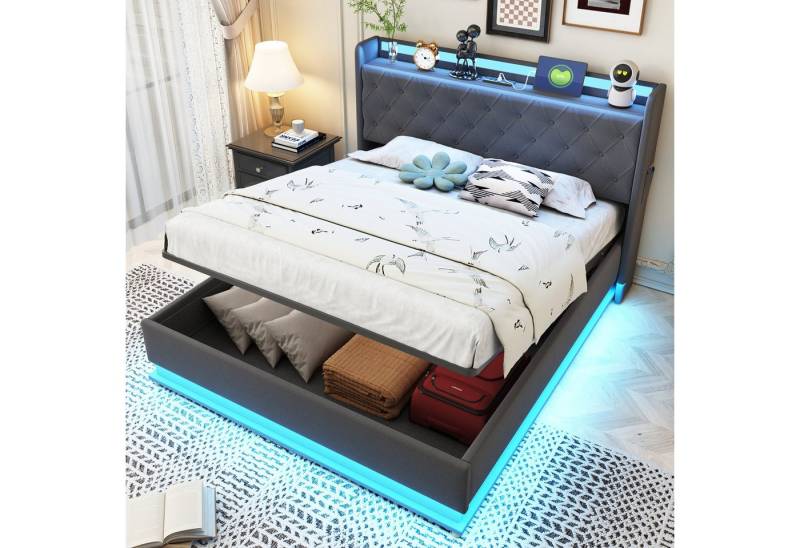 STILVORA Polsterbett Stauraumbett 140×200 Jugendbett Doppelbett mit USB Anschluss und LED (Hautfreundlicher Leinenstoff 160x200 cm), mit Matratze von STILVORA