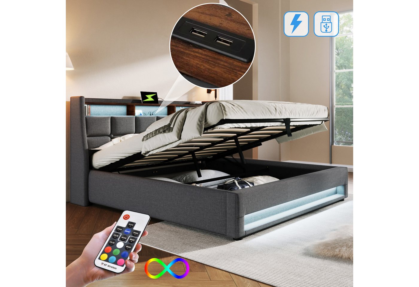 STILVORA Polsterbett Stauraumbett 140x200cm mit USB Steckdose Jugendbett Doppelbett mit LED (LED Doppelbett Jugendbett mit USB/Typ-C Ladeanschluss) von STILVORA