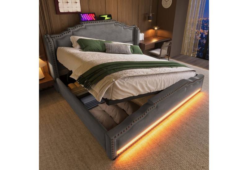 STILVORA Polsterbett Stauraumbett 160x200 Doppelbett mit Bettkasten Jugendbett mit LED,USB (Stauraumbett, Jugendbett, Funktionsbett, 2-tlg., 160×200cm, mit Matratze), mit LED-Beleuchtung und USB-C-Ladeanschluss von STILVORA