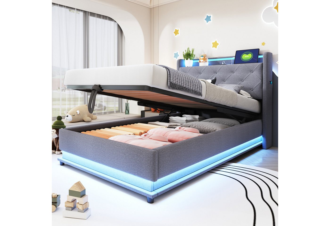 STILVORA Polsterbett Stauraumbett 90×200 Jugendbett Doppelbett mit USB Anschluss und LED (mit Farbwechselnden Lichtern, USB-Steckdose, Aufklappbarem Kopfteil & Hydraulischem Stauraum, Mit Handytasche, Ideal für Kinderzimmer, Hautfreundlicher Leinenstoff 90x200 cm), ohne Matratze STILVORA Polsterbett Stauraumbett 90×200 Jugendbett Doppelbett mit USB Anschluss und LED (mit Farbwechselnden Lichtern, USB-Steckdose, Aufklappbarem Kopfteil & Hydraulischem Stauraum, Mit Handytasche, Ideal für Kinderzimmer, Hautfreundlicher Leinenstoff 90x200 cm), ohne Matratze von STILVORA