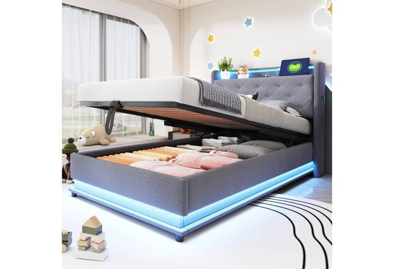 STILVORA Polsterbett Stauraumbett 90×200 Jugendbett Doppelbett mit USB Anschluss und LED (mit Farbwechselnden Lichtern, USB-Steckdose, Aufklappbarem Kopfteil & Hydraulischem Stauraum, Mit Handytasche, Ideal für Kinderzimmer, Hautfreundlicher Leinenstoff 90x200 cm), ohne Matratze STILVORA Polsterbett Stauraumbett 90×200 Jugendbett Doppelbett mit USB Anschluss und LED (mit Farbwechselnden Lichtern, USB-Steckdose, Aufklappbarem Kopfteil & Hydraulischem Stauraum, Mit Handytasche, Ideal für Kinderzimmer, Hautfreundlicher Leinenstoff 90x200 cm), ohne Matratze von STILVORA
