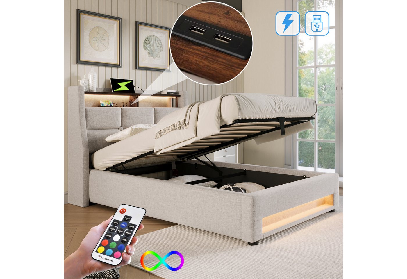 STILVORA Polsterbett Stauraumbett 90x200cm mit USB Steckdose Jugendbett Einzelbett mit LED (LED Doppelbett Jugendbett mit USB/Typ-C Ladeanschluss) von STILVORA