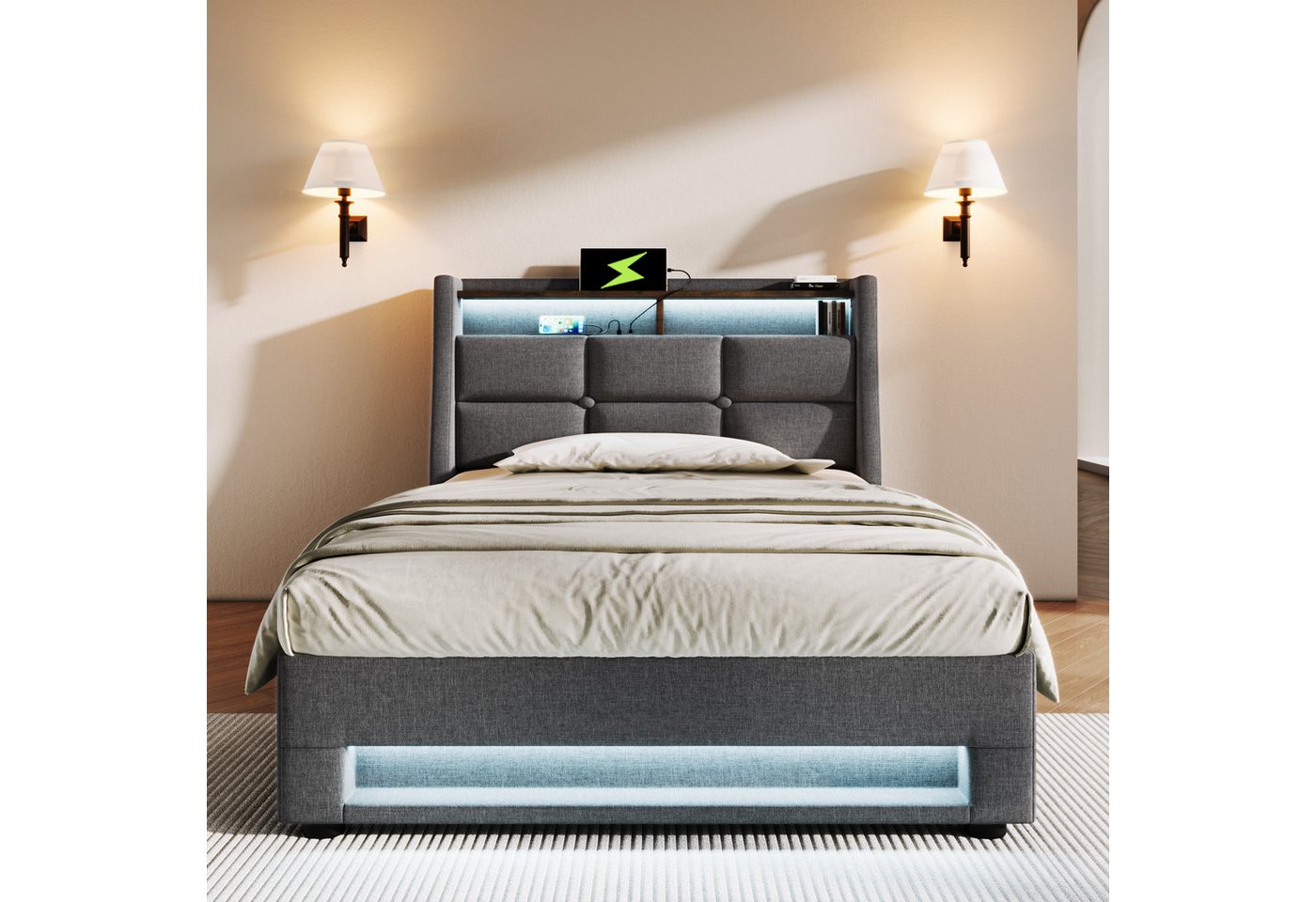STILVORA Polsterbett Stauraumbett 90x200cm mit USB Steckdose Jugendbett Einzelbett mit LED (LED Einzelbett mit Lattenrost aus Metallrahmen, Jugendbett) von STILVORA