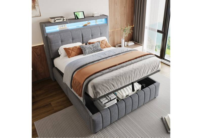 STILVORA Polsterbett bett 140×200 Jugendbett mit Stauraum Doppelbett mit LED und Lattenrost (Polsterbett,mit LED-Beleuchtung, USB-Ladeanschluss und Hydraulischem Stauraum, Kopfteil mit Ablagefächern und Lattenrost, Grau Leinenstoff für Erwachsene, Schlafzimmer mit modernen Akzenten, Polsterbett 140*200 cm), mit Matratze von STILVORA