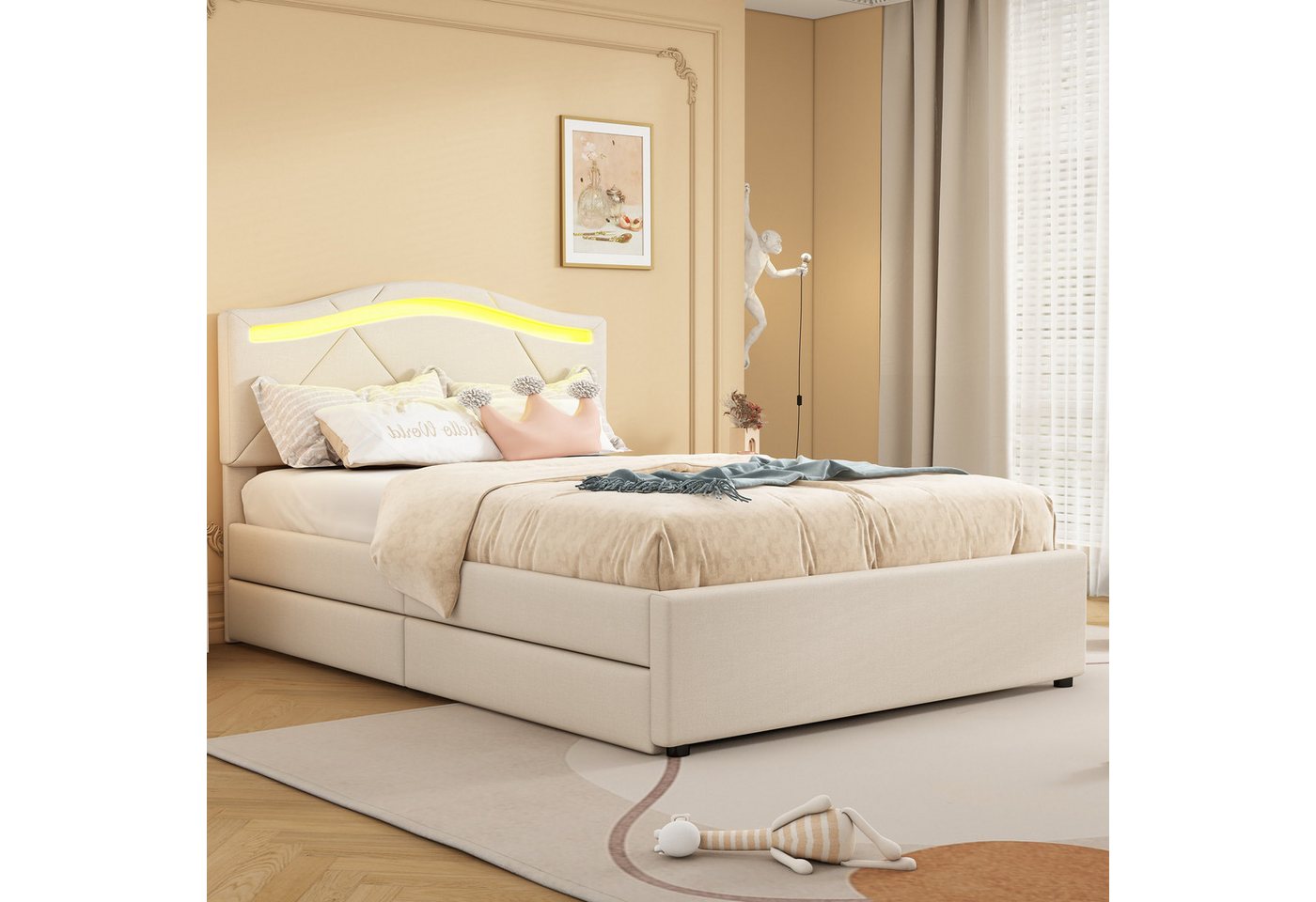 STILVORA Polsterbett mit 2 Schubladen,90x200 Jugendbett mit Matratze&Verstellbares Kopfteil (mit LED-Beleuchtung & Stauraum – Verstellbares Kopfteil, Leinenbezug, Inkl. Lattenrost, für Jugendzimmer & Gästezimmer 90x200cm), ohne Matratze von STILVORA
