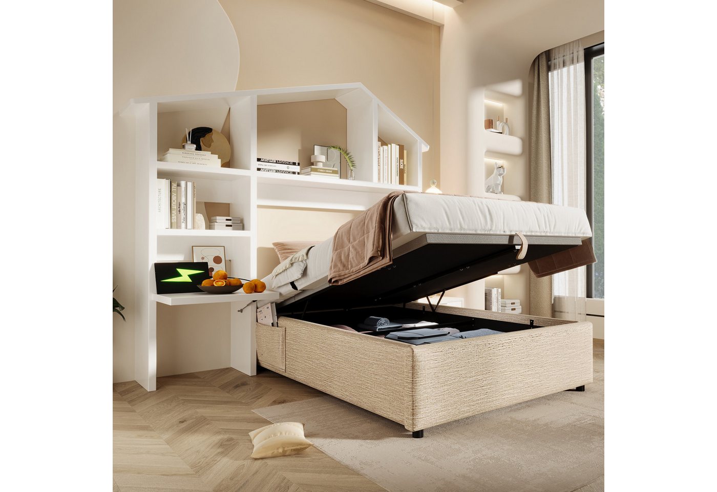 STILVORA Polsterbett mit Bettkasten,90×190 Bettgestell Jugendbett mit Bücherregal&USB-C (Struraumbett, 1-tlg., 90x190 cm, ohne Matratze), mit hydraulik-Stauraum, USB-C von STILVORA