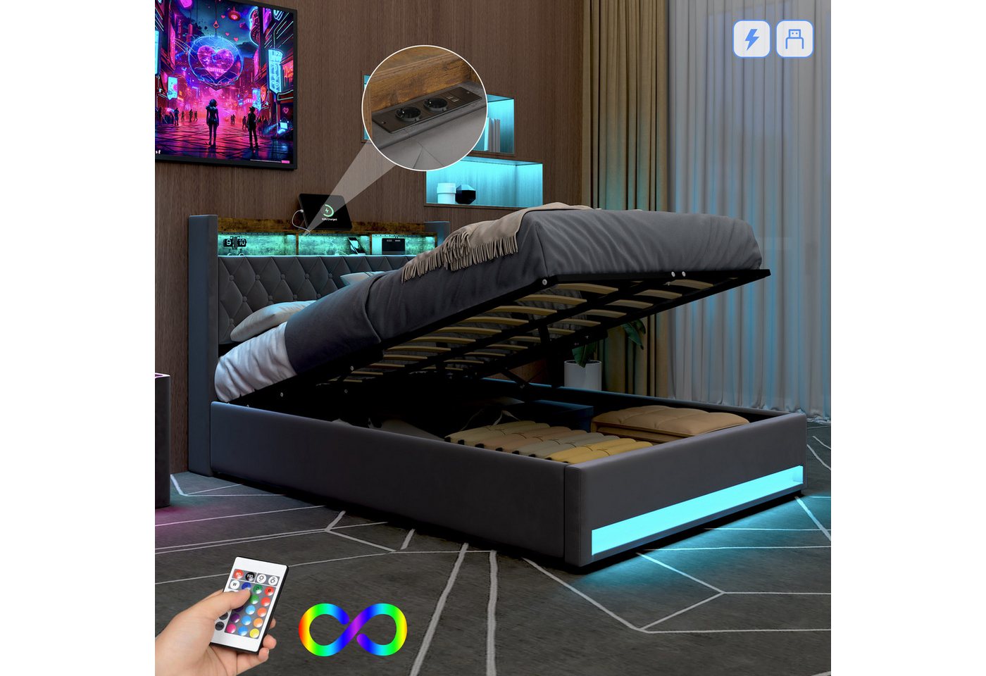 STILVORA Polsterbett mit bettkasten,Stauraumbett Boxspringbett 140×200 mit USB & LED-Licht (Funktionbett mit Hydraulikstange,Tragfähigkeit: 200kg, Strapazierfähig und schmutzabweisend,verschiedenen Farben,Metallrahmen), Bettgestell mit Lattenrost,Bequemer Samtstoff,ohne matratze von STILVORA