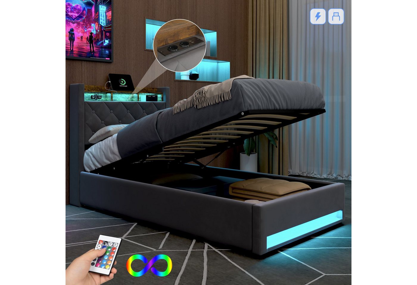 STILVORA Polsterbett mit bettkasten,Stauraumbett Boxspringbett 90×190 mit USB & LED-Licht (Funktionbett mit Hydraulikstange,Tragfähigkeit: 200kg, Strapazierfähig und schmutzabweisend,verschiedenen Farben,Metallrahmen), Bettgestell mit Lattenrost,Bequemer Samtstoff,ohne matratze STILVORA Polsterbett mit bettkasten,Stauraumbett Boxspringbett 90×190 mit USB & LED-Licht (Funktionbett mit Hydraulikstange,Tragfähigkeit: 200kg, Strapazierfähig und schmutzabweisend,verschiedenen Farben,Metallrahmen), Bettgestell mit Lattenrost,Bequemer Samtstoff,ohne matratze von STILVORA