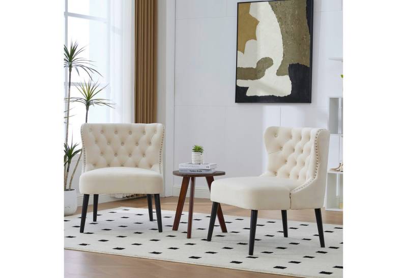 STILVORA Polsterstuhl aus Microsuede,Küchenstuhl Gartenstuhl Armless mit Holzbeine,Beige (mit Knopfheftung & Ziernägeln, Massivholzbeinen), Samtstuhl ohne Armlehnen von STILVORA