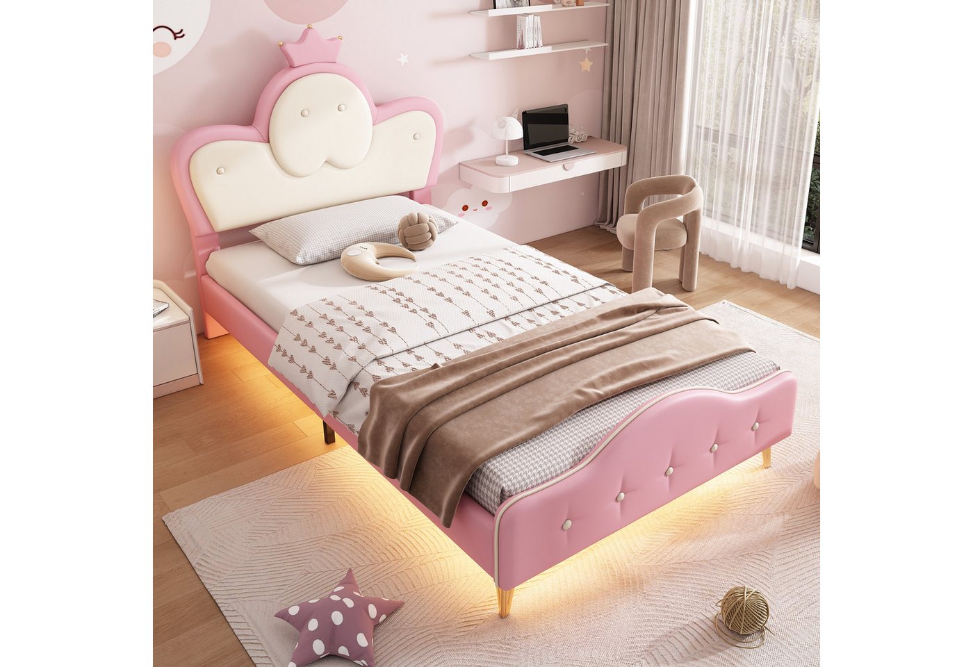 STILVORA Prinzessinbett 90x200 mit Krone-Kopfteil,Kinderbett Bettgestell mit LED-Beleuchtung (Polsterbett,  für Kinder, Einzelbett mit weichem LED-Streifen, 90x200cm), ohne Matratze von STILVORA