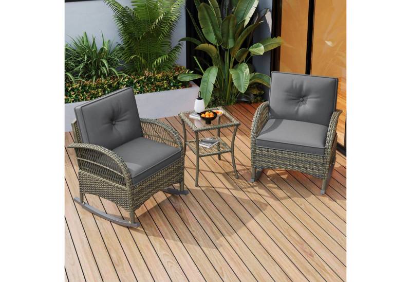 STILVORA Schaukelstuhl Garten Schaukelsessel mit Tisch,3er set Balkonset Rattan Relaxsessel (Gartenlounge-Set, Gartenset, 3 St), mit grauen Kissen, Akazienplatte von STILVORA