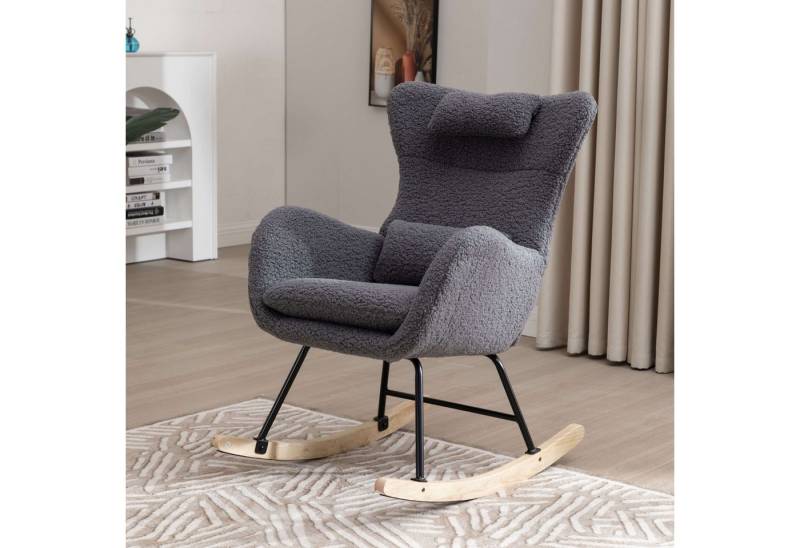 STILVORA Schaukelstuhl Schaukelsessel wohnzimmer Relaxsessel mit Kopfstütze & Taschen,grau (Schaukelstuhl mit hoher Rückenlehne), Kopfstütze und Lendenkissen Teddyplüsch von STILVORA