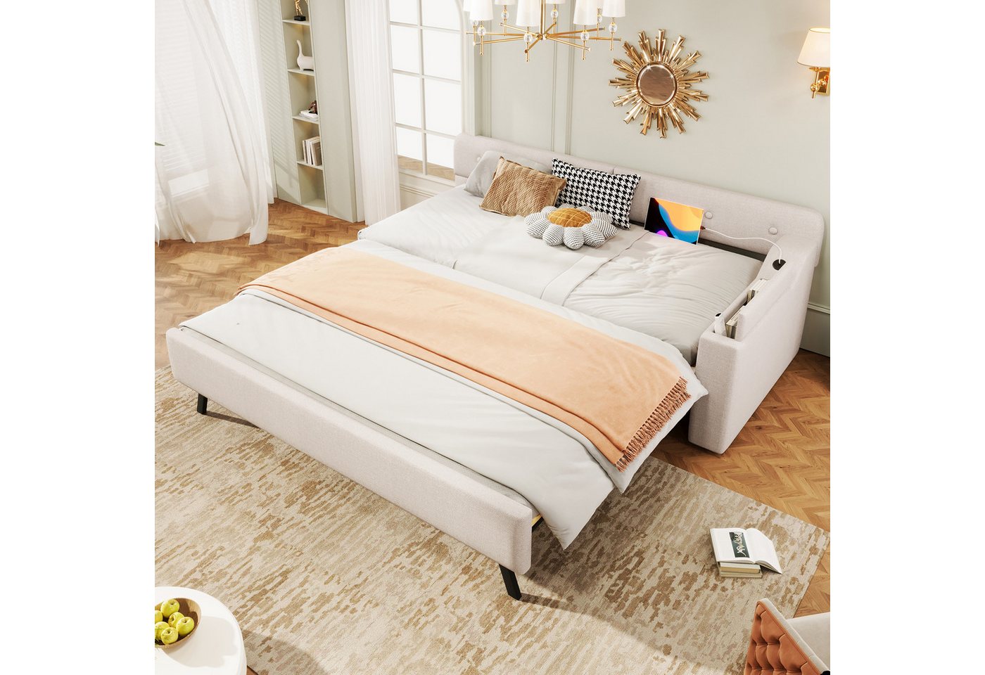 STILVORA Schlafsofa 90x200 mit Ausziehbett,Tagesbett Daybett mit Matratze&Klappstaufach, Schlafsofa mit Lattenrost 90x200cm – Ausziehbares Rollbett mit Stauraum & USB + Type-C, Leinen & MDF., ohne Matratze von STILVORA