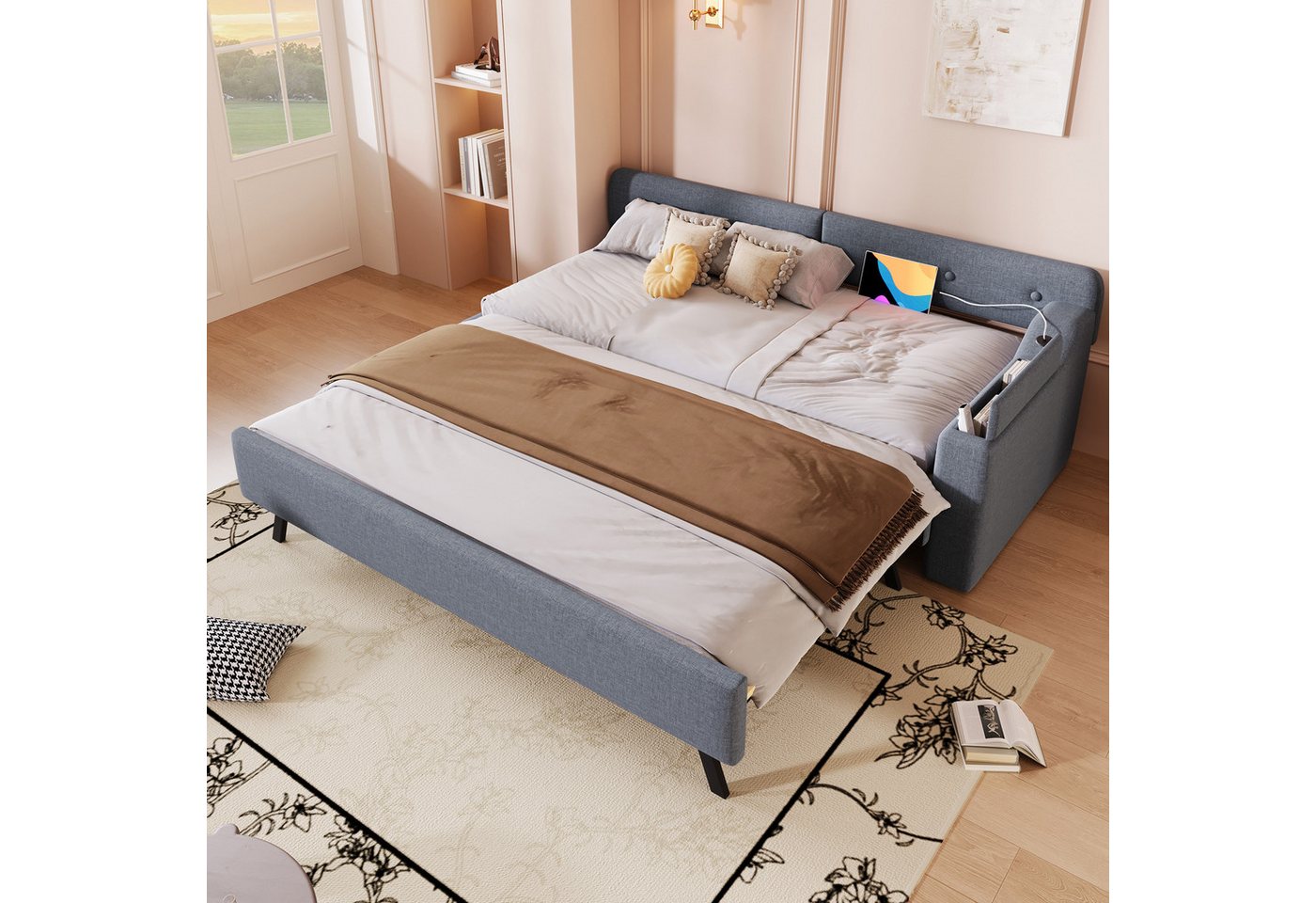 STILVORA Schlafsofa 90x200 mit Ausziehbett,Tagesbett Daybett mit Matratze&Klappstaufach, Schlafsofa mit Lattenrost 90x200cm – Ausziehbares Rollbett mit Stauraum & USB + Type-C, Leinen & MDF., ohne Matratze von STILVORA