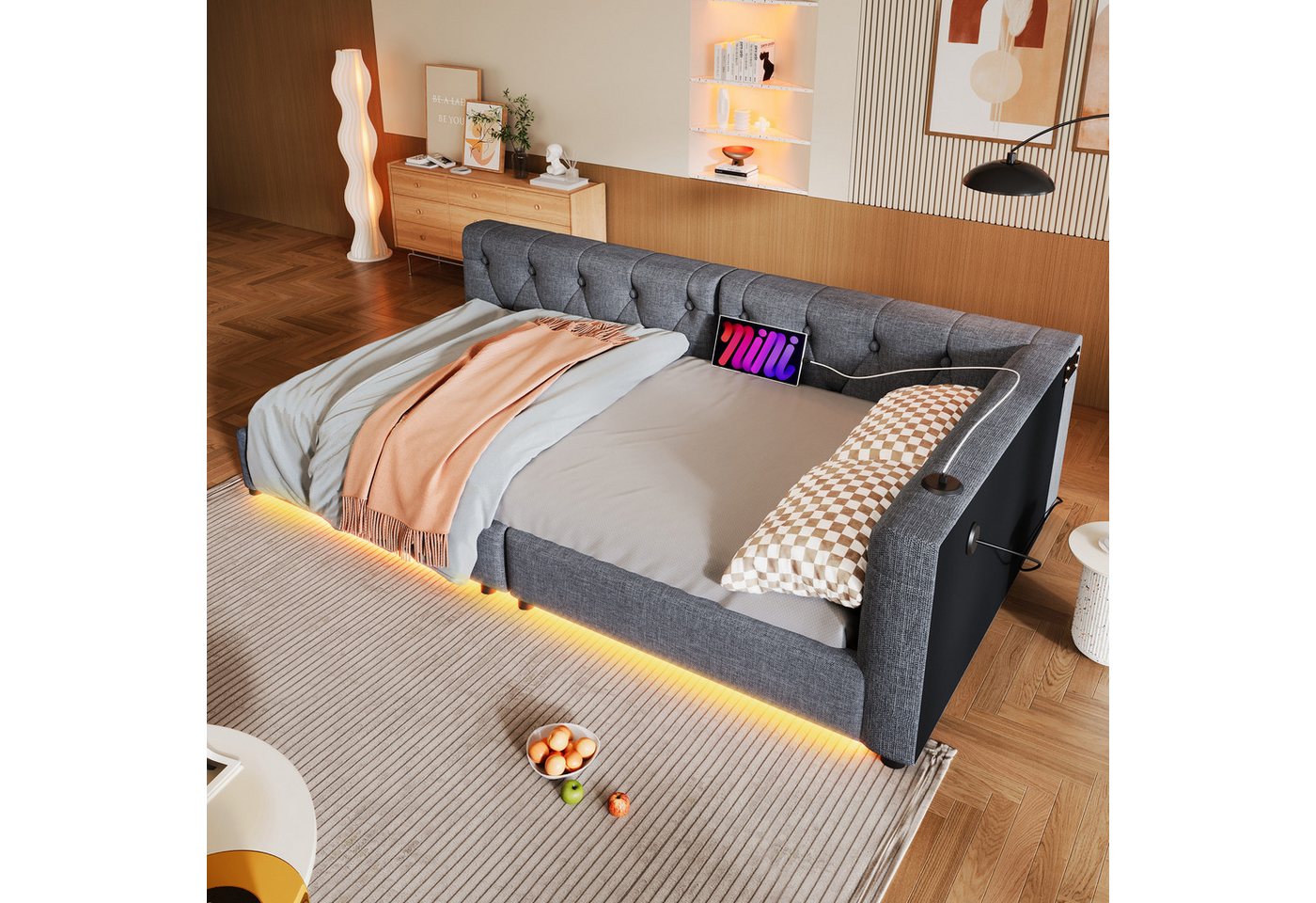 STILVORA Schlafsofa 90x200 mit LED&Matratze,Tagesbett Daybett mit USB&TYPE-C,Leinen,Beige von STILVORA