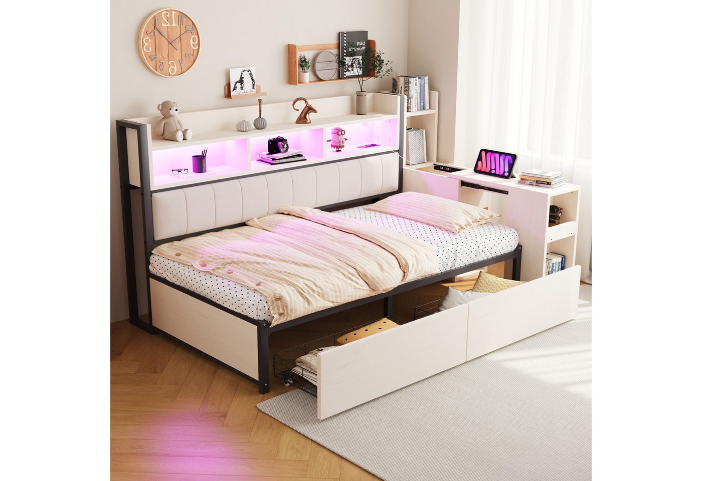 STILVORA Schlafsofa 90×200 mit Matratze&Schubladen,Tagesbett Daybett mit Steckdose&LED, Mit Staufächern, Schließfächern, LED-Beleuchtung & Steckdosen, Ausziehbarer Schreibtisch und große Schubladen 90 x 200 cm, ohne Matratze von STILVORA