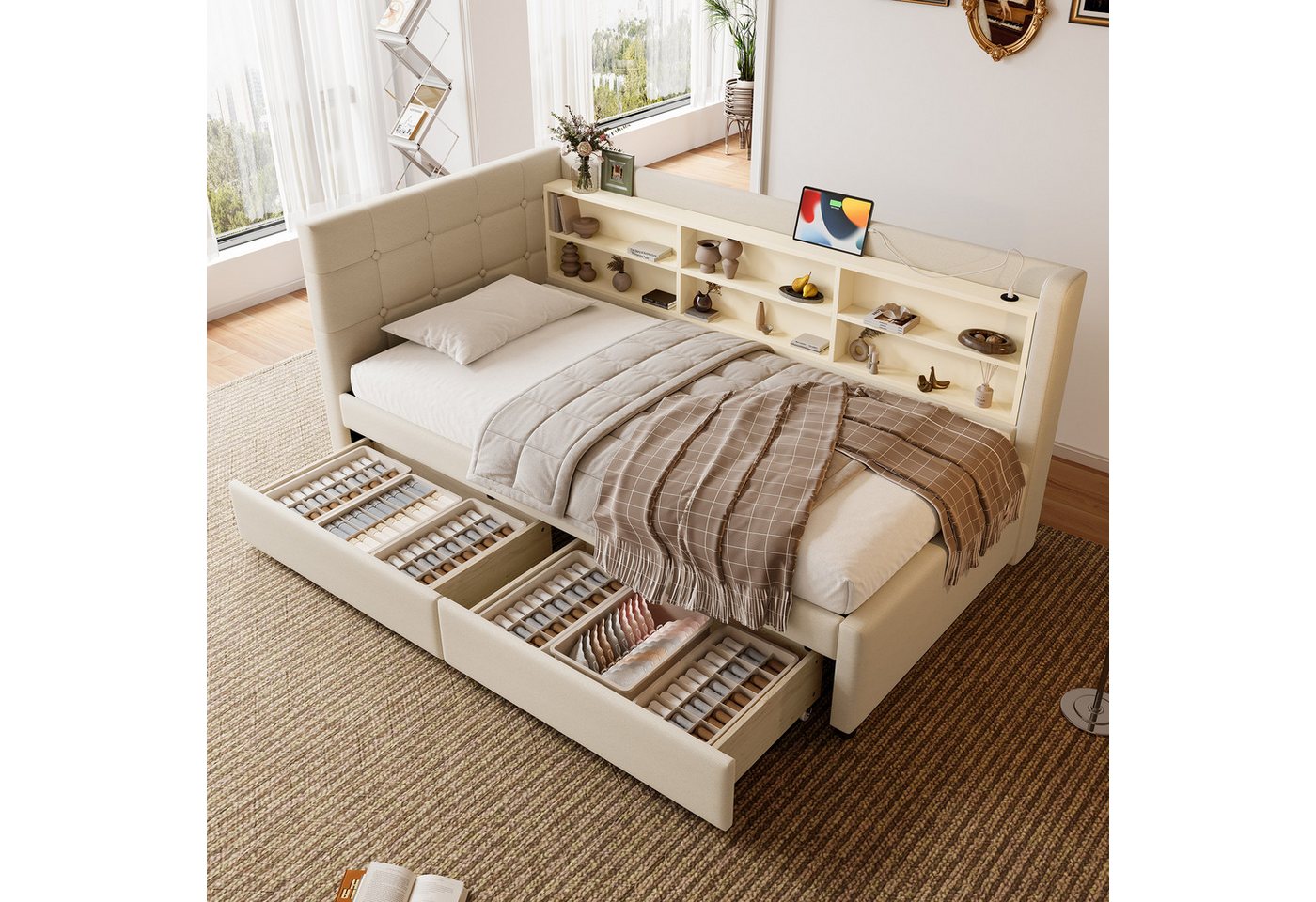 STILVORA Schlafsofa 90×200 mit Schubladen,Tagesbett Daybett mit LED,USB&Ablagefächern, mit USB & Typ-C, 2 Schubladen und Ablagefächern 90×200 cm, ohne Matratze von STILVORA