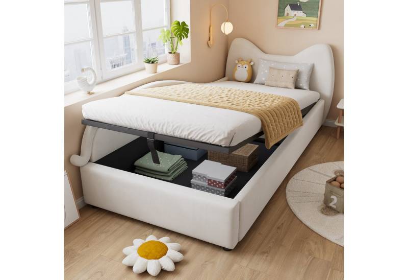 STILVORA Schlafsofa 90×200 mit Seitenplatte,Kinderbett Bettgestell mit Bettkasten,Samt, mit niedlichem Katzen-Design, hydraulischem Stauraum & weichen Samtmaterial 90x200cm, ohne Matratze von STILVORA