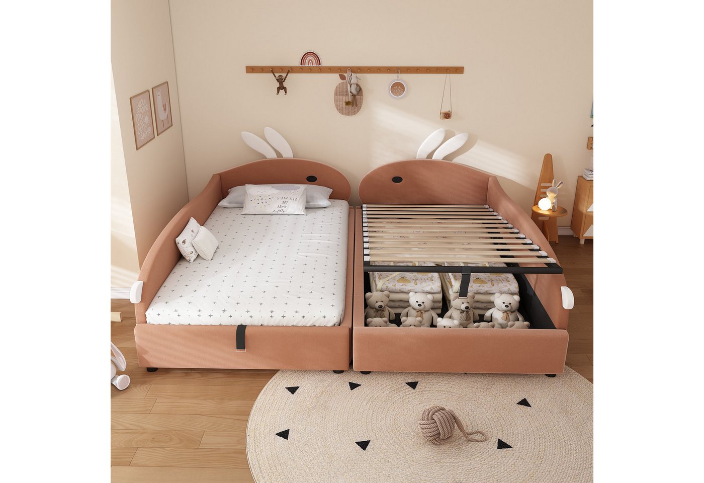STILVORA Schlafsofa 90×200 mit Zaun,2er-Set Kinderbett Bettgestell mit Bettkasten&Matratze, mit Häschen-Kopfteil, Hydraulischem Stauraum & weichem Schutzzaun 90x200/180x200 cm, ohne Matratze von STILVORA