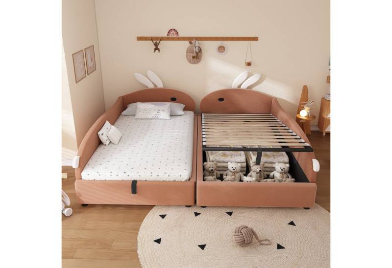 STILVORA Schlafsofa 90×200 mit Zaun,2er-Set Kinderbett Bettgestell mit Bettkasten&Matratze, mit Häschen-Kopfteil, Hydraulischem Stauraum & weichem Schutzzaun 90x200/180x200 cm, ohne Matratze STILVORA Schlafsofa 90×200 mit Zaun,2er-Set Kinderbett Bettgestell mit Bettkasten&Matratze, mit Häschen-Kopfteil, Hydraulischem Stauraum & weichem Schutzzaun 90x200/180x200 cm, ohne Matratze von STILVORA