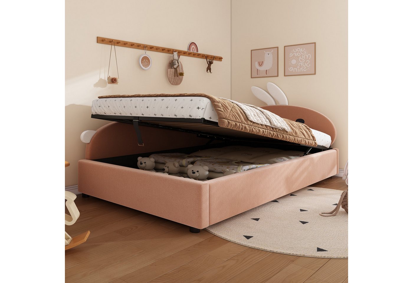 STILVORA Schlafsofa 90×200 mit Zaun,Kinderbett Bettgestell mit Bettkasten&Häschen-Kopfteil, mit Häschen-Kopfteil, Hydraulischem Stauraum & weichem Schutzzaun 90x200 cm, ohne Matratze von STILVORA