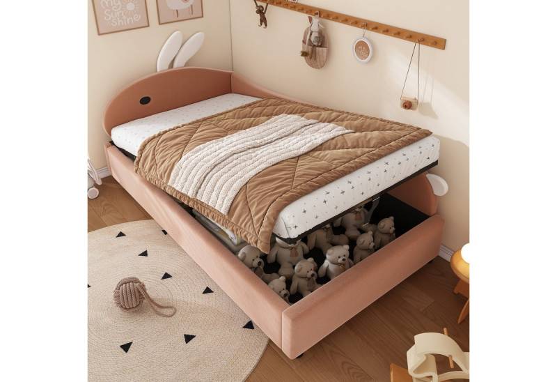 STILVORA Schlafsofa 90×200 mit Zaun,Kinderbett Bettgestell mit Bettkasten&Häschen-Kopfteil, mit Häschen-Kopfteil, Hydraulischem Stauraum & weichem Schutzzaun 90x200 cm, ohne Matratze von STILVORA